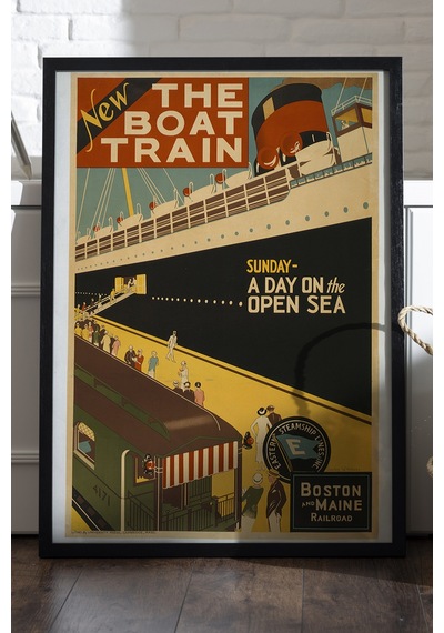 Boat Train Siyah Ahşap Çerçeveli Poster, Dekoratif Seyahat Duvar Tablosu
