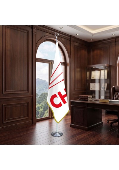 Chp Beyaz Direkli - Altın Saçaklı Saten Makam Bayrağı Seti Krom Direk Diğer