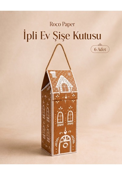 Yılbaşı Ev Tasarımlı Kraft Şişe Kutusu, Dekoratif Yeniyıl Temalı Parti Hediye Çantası, 6lı Paket