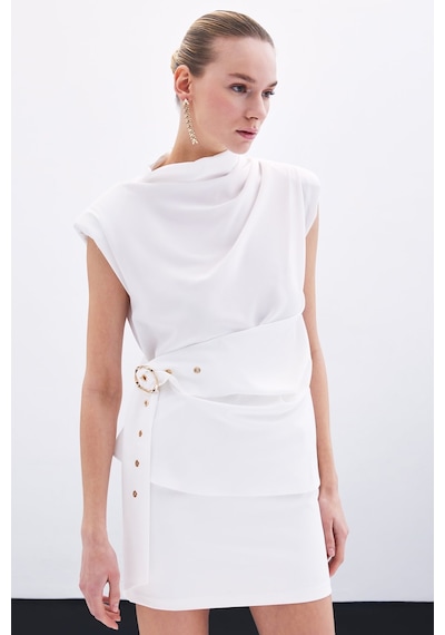 Sateen Kemerli Kolsuz Bluz - Ekru-135776 Ekru