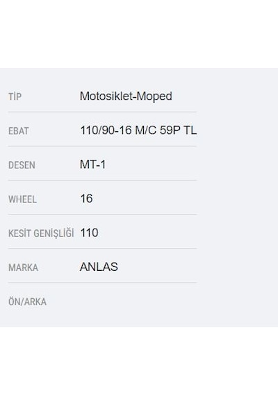 Anlaş 110/90-16 M/C 59P Mt-1 Motosiklet Lastik 110 90 16