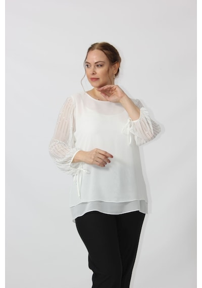Moda Berray 3243 Kolu Taş Baskılı Şık Bluz Beyaz