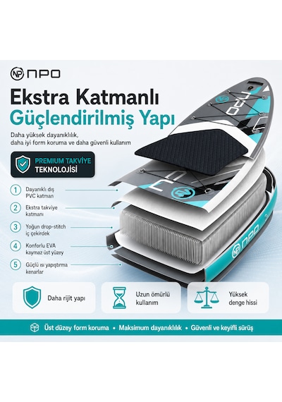 Npo Aqua Gray 350x84x15cm Şişme Military Sup Paddle Board 196kg Kürek Pompa Çanta Koltuklu Full Set