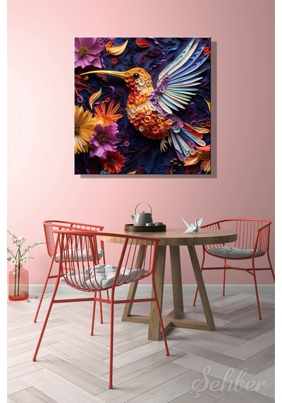 Dekoratif Kare Kanvas Tablo Tekli Ev Kafe Ofis Quilling Sanatı Renkli Sinek Kuşu Tasviri 2003