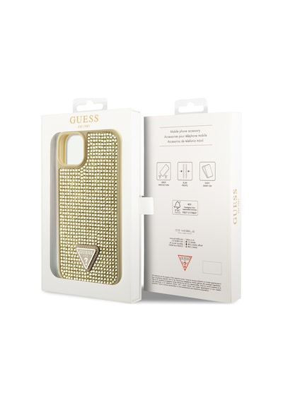 Apple Uyumlu iPhone 14 Kılıf Guess Lisanslı Taşlı Arka Yüzey Üçgen Logolu Kapak Gold