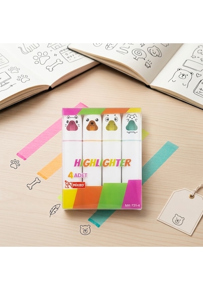 Bakgelal Sevimli Hayvan Figürlü Mikro Fosforlu Kalem Seti 4'lü - Renkli Pastel Highlighter Kalemi - 9048294303279 4renk