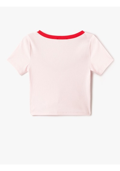 Koton Pamuklu Slim Fit Kontrast Detaylı Kısa Kollu U Yaka Fitilli Crop Tişört Pembe 5sak50342ek Gül