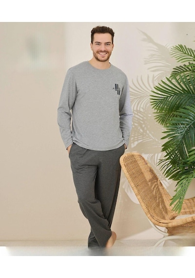 Pijamoni Erkek Pamuklu Bisiklet Yaka Uzun Kol İnce Pijama Takımı 6150/11 - 1 Adet Gri