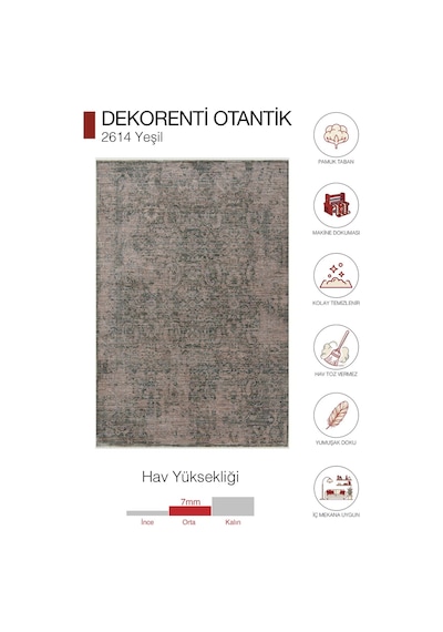 Dekorenti Otantik 2614 Yeşil Halı Eskitme Görünümlü Vintage Salon Halı