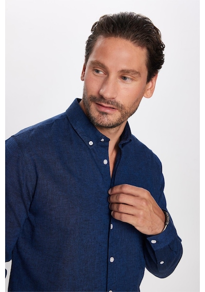 Tudors Erkek Slim Fit Dar Kesim Uzun Kollu Keten Premium Seri Düğmeli Yaka Spor İndigo Gömlek-32820 İndigo