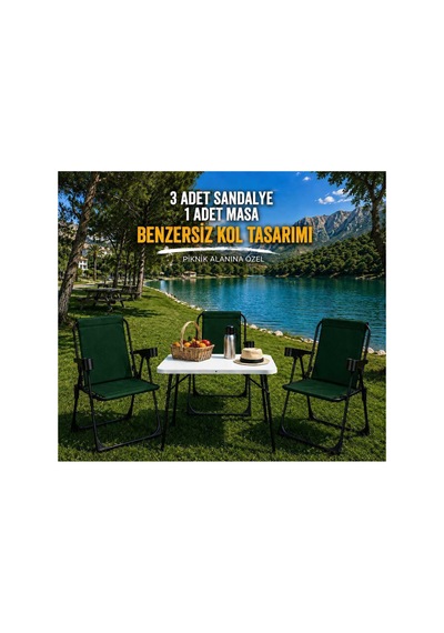 Holiday Kamp Seti Kamp Sandalyesi Kamp Masası Katlanır Kamp Piknik Seti 3 Sandalye 1 Masa Yeşil