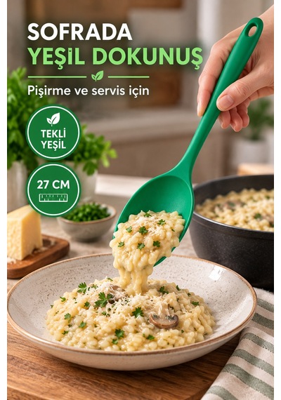 Tekli Yeşil Büyük Boy Silikon Kaşık 27 Cm Mutfak Yemek Pişirme Ve Servis Kaşığı Renkli Mutfak Gereci