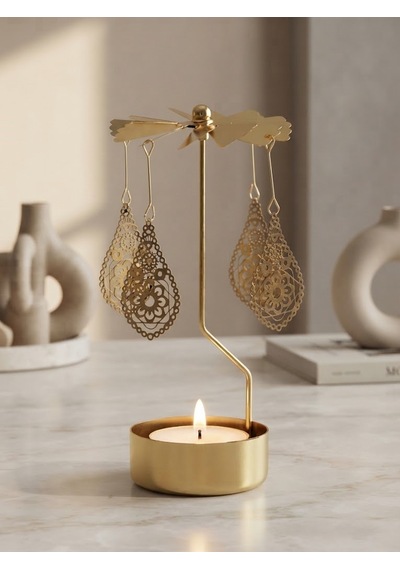 Altın Renkli Dekoratif Döner Tealight Mumluk Mandala Desenli Sallanan Süs Metal Şamdan Gold