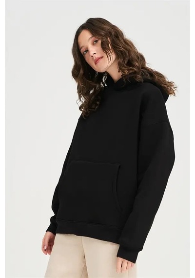 Da Vinci Siyah Oversize Basic Kapüşonlu Hoodie/sweatshirt 3 İplik Siyah