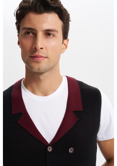 AR-MA Arma Erkek Slim Fit Örme Likralı Pike Yelek Kısa Kollu, %90 Akrilik %10 Wool K0yyo0857 Siyah - Antrasit