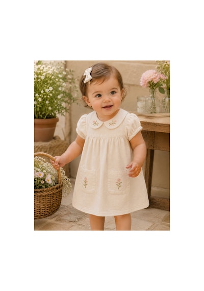 Filizdens Kids Kız Bebek Çiçek Nakışlı Müslin Elbise - Krem