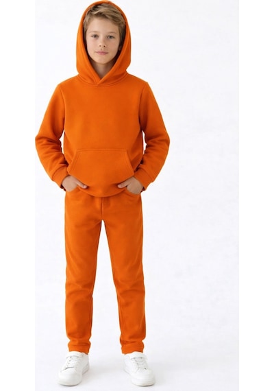 Esila Kids Çocuk Eşofman Takımı Kapüşonlu 3 İp 5-10 Yaş Turuncu