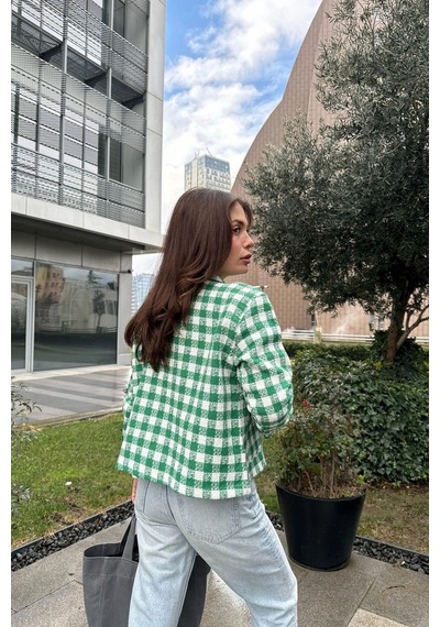 Kadın Yeşil Çift Cepli, Pötikare Desenli, Rahat Kalıp, Kısa Tüvit Ceket Benetton