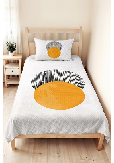 Geometrik Sarı Genç Odası Tek Kişilik Pike Takımı - Gri Minimal 160x220 Cm Kapitone Yatak Örtüsü Kavrulmuş İz Baharı