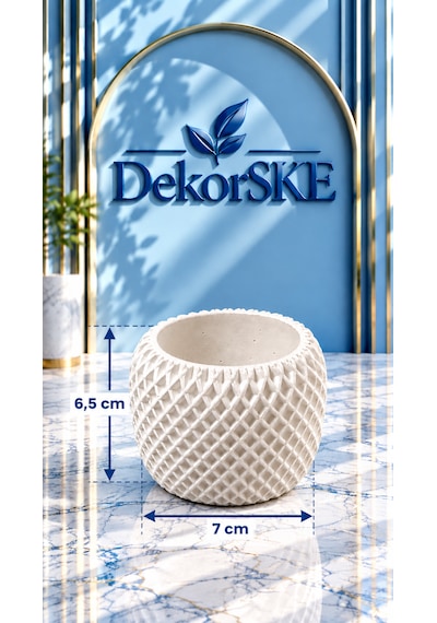 Dekorske - Taş Tozu Geometrik Saksı Ve Mumluk - 6,5x7 Cm 2 Adet - El Yapımı Dekoratif Mini Saksı Ve Çok Amaçlı Ev Dekoru Beyaz