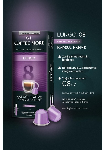 Coffee More 8 Lungo Kapsül Kahve 10 X 2 Paket 20 Adet Nespresso Uyumlu Kapsül Kahve