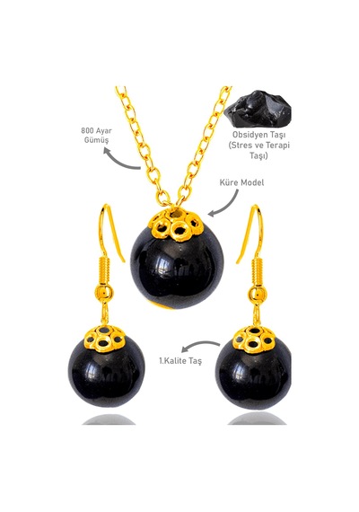 Sertifikalı Gold Küre Model Siyah Obsidyen Taşı Kolye Ve Küpe Set Çok Renkli