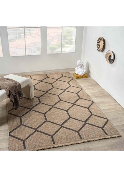 Siyah Bej Altıgen Geometrik Modern Jüt Görünümlü Halı - L669hıın Kahve