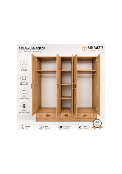 Familieconcept Retro 5 Kapaklı 3 Çekmeceli Gardrop Elbise Dolabı Beyaz