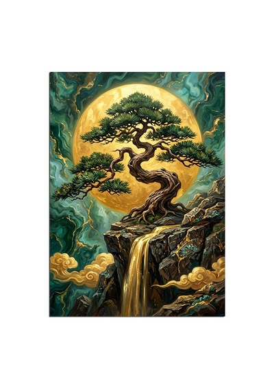 Dolunayda Bonsai Ağacı Şelale Manzarası Dekoratif Kanvas - Mdf Ahşap Tablo Çok Renkli