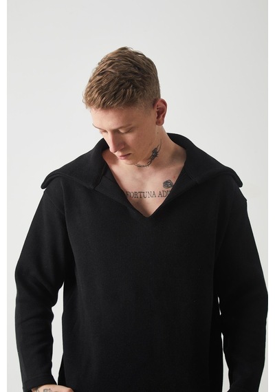 R-5850 Yaka Detaylı Örme Sweat Siyah