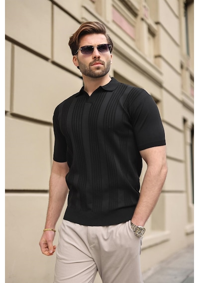 Madmext Siyah Polo Yaka Triko Erkek Tişört E7469 Siyah