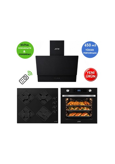 Alveus AFM Serisi Eu-09 Siyah Cam Turbo + Soğutma Dijital Dokunmatik 3'Lü Ankastre Set Fırın + Ocak + Davlumbaz