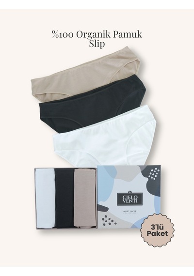 Must Have 3'lü Organik Pamuk Slip Külot Siyah - Beyaz - Krem