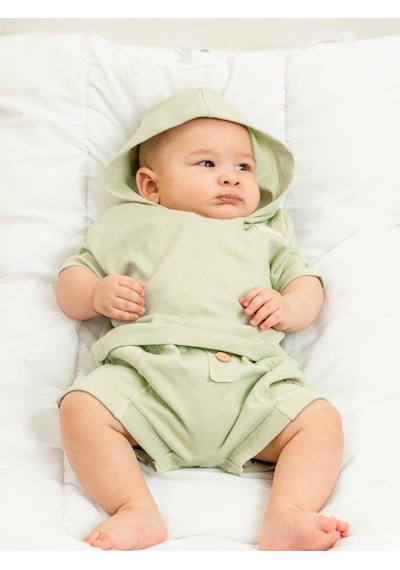 Zekids Bebek Organik Pamuklu Basic Kapüşonlu Tshirt Şortlu Takım-15908 Yesil