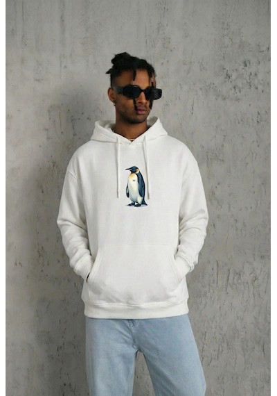 Siyah Oversize Hoodie - Sırt Baskılı "survivor Penguin" Temalı, Felsefi Yazılı Kapüşonlu Sweatshirt Beyaz