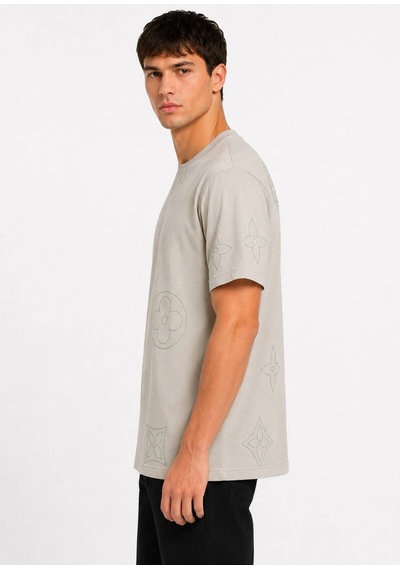 Hzr Wear %100 Pamuk Regular Fit Bisiklet Yaka Kısa Kollu Kabartma Baskılı Erkek Tişört Gri
