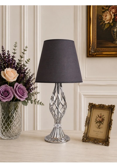Füme Kumaş Başlık Metal Burgulu Ayaklı Modern Abajur 50x25cm
