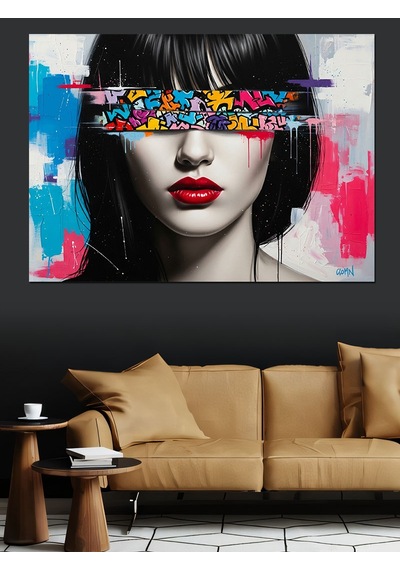 Pop Art Göz Bantlı Kırmızı Rujlu Siyah Beyaz Kadın Yüzü Dekoratif Kanvas - Mdf Ahşap Tablo