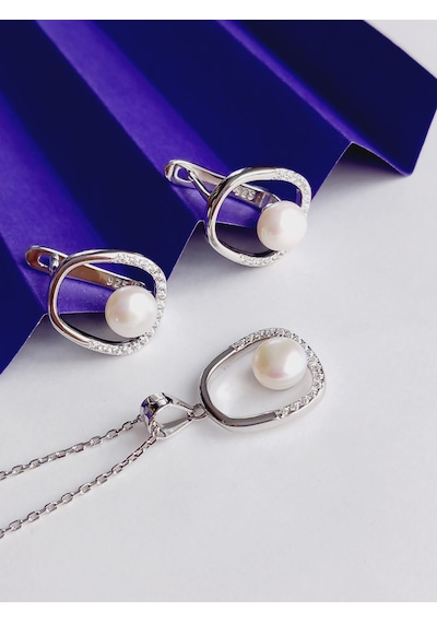 Gümüş Beyaz İnci Asimetrik Modern Tasarım Kadın Set Kolye Küpe