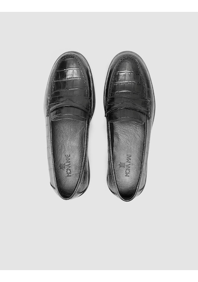 %100 Hakiki Deri Siyah Croco Desen Kadın Loafer Siyah