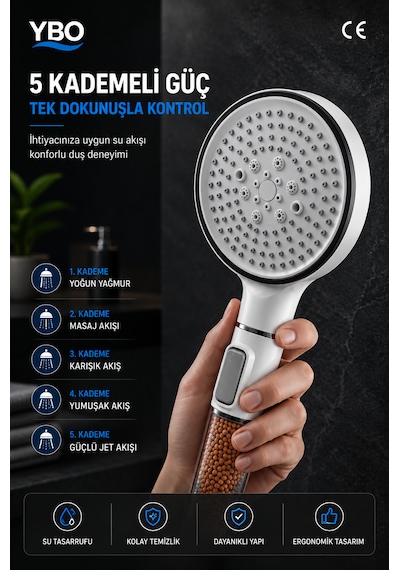 Ymv Mineralli Filtreli 5 Fonksiyonlu Duş Başlığı Start Stop Butonlu Basınç Destekli Banyo El Duşu Beyaz