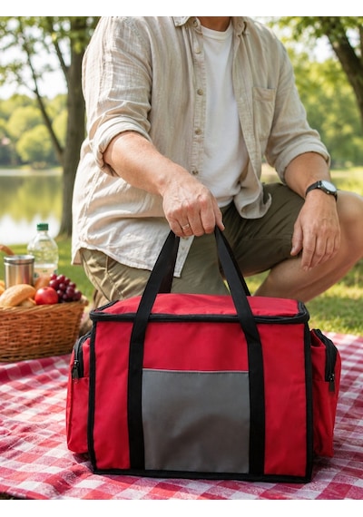 Newbag Yandan Cep Yalıtımlı Soğutucu El Askılı Kamp Çanta-krm Gri Kırmızı - Gri