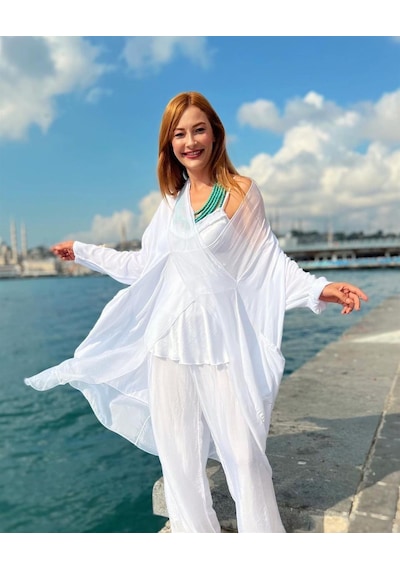 Bohem Stil Italyan Ipek Detaylı Oversize Kaftan & Bluz-8711 Beyaz