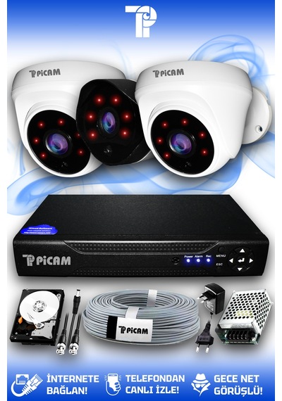 Picam 3 Kameralı Uzay 2 İç Kamera Set 320 GB HDD Full HD Gece Görüşlü Güvenlik Kamerası Sistemi