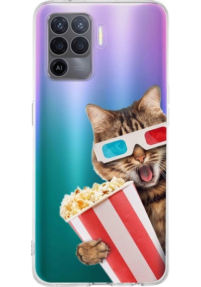 Oppo A94 İle Uyumlu 1mm Slim Fit Kedi 1 050b Baskılı Şeffaf Kılıf Şeffaf