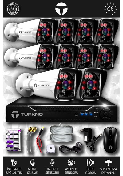 Turkno 10 Kameralı Karia 10 Dış Kamera Set HDD'siz Full HD Gece Görüşlü Güvenlik Kamerası Sistemi