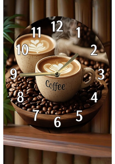 Sessiz Yuvarlak Ahşap Duvar Saati, Kuvars Coffe Desen 2d Sdw2015 Renkli