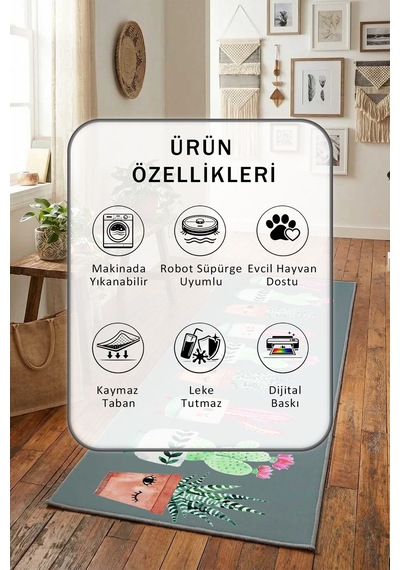 Cantare Kaktüs Zemin Gri Yıkanabilir Yolluk