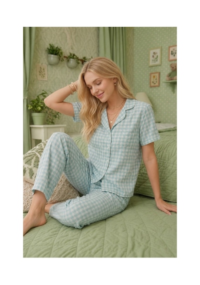 Fit Women Kare Desenli Bürümçük Kumaş Kısa Kollu Pijama Takımı 6065 Su Yeşili