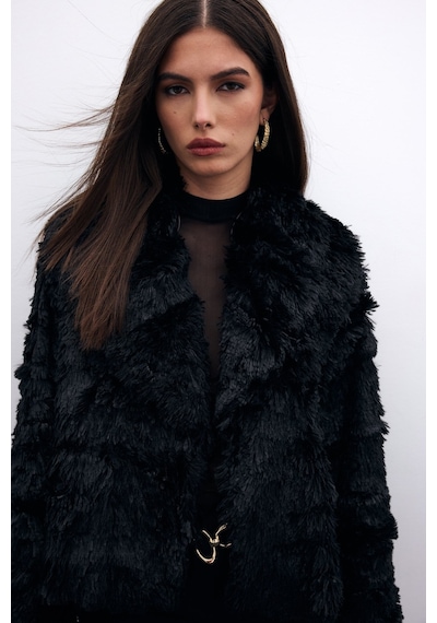 Sateen Yakalı Peluş Ceket - Siyah-135577 Siyah